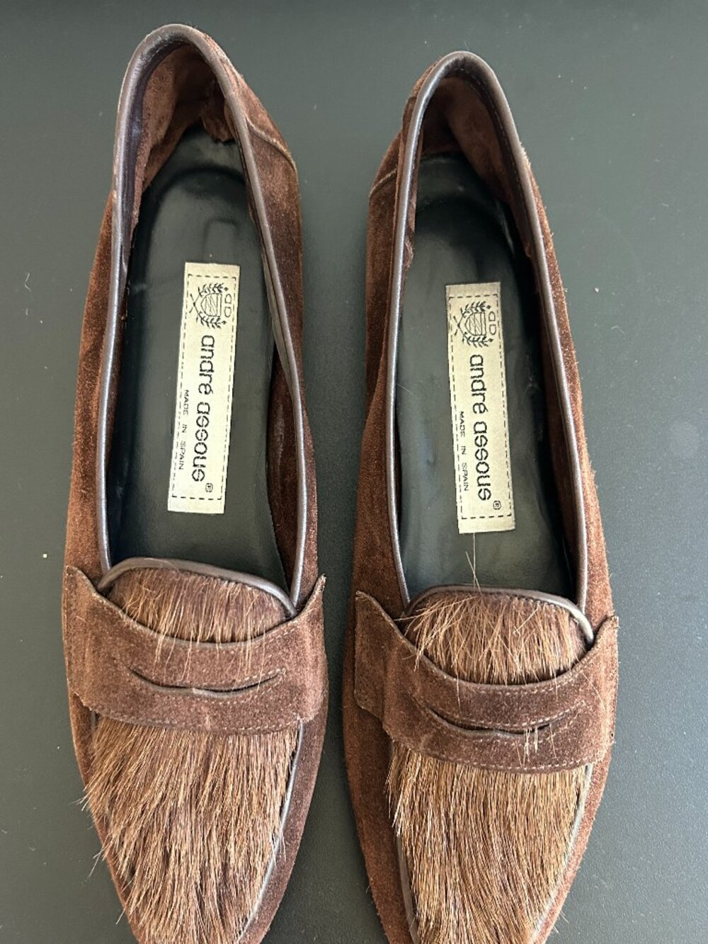 Vintage André Assous Pony Hair Suede Loafers Brown Made in Spain Size 7